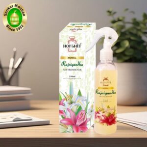 "Royal Rajnigandha Air Freshener by Harshit Brand, presented by Sankat Mochan – a floral air freshener with the rich, soothing fragrance of rajnigandha (tuberose)."