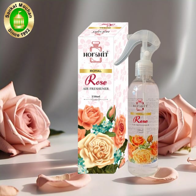 "Royal Rose Air Freshener by Harshit Brand, presented by Sankat Mochan – a beautifully packaged air freshener with a refreshing and long-lasting rose fragrance."