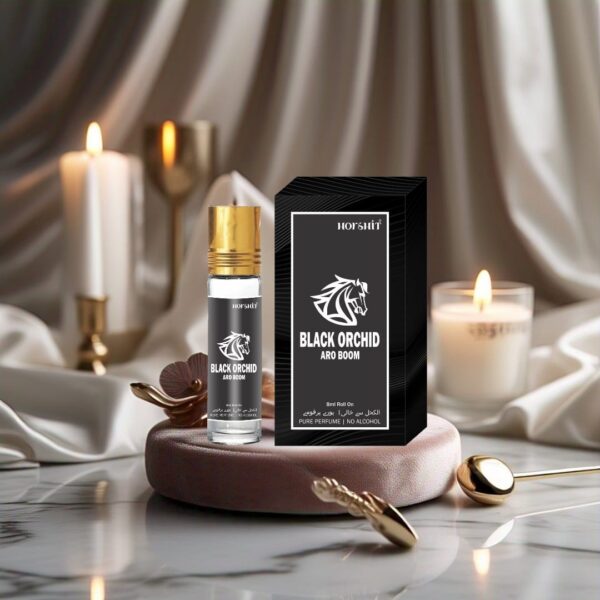 "ARO Boom Black Orchid Roll-On Perfume by Harshit Brand – a sleek, luxurious black and gold fragrance bottle."