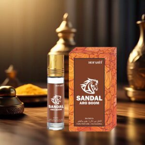 "ARO Boom Sandal Roll-On Perfume by Harshit Brand, presented by Sankat Mochan – a soothing and woody sandalwood fragrance in an elegant design."