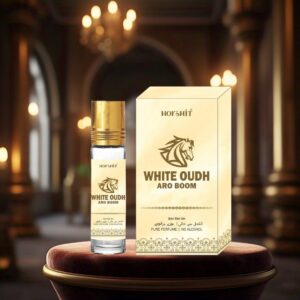 "ARO Boom White Oudh Roll-On Perfume by Harshit Brand, presented by Sankat Mochan – a luxurious and aromatic fragrance in an elegant design."