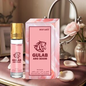 "GULAB ARO Boom Roll-On Perfume by Harshit Brand, presented by Sankat Mochan – a floral fragrance in an elegant pink and gold design."